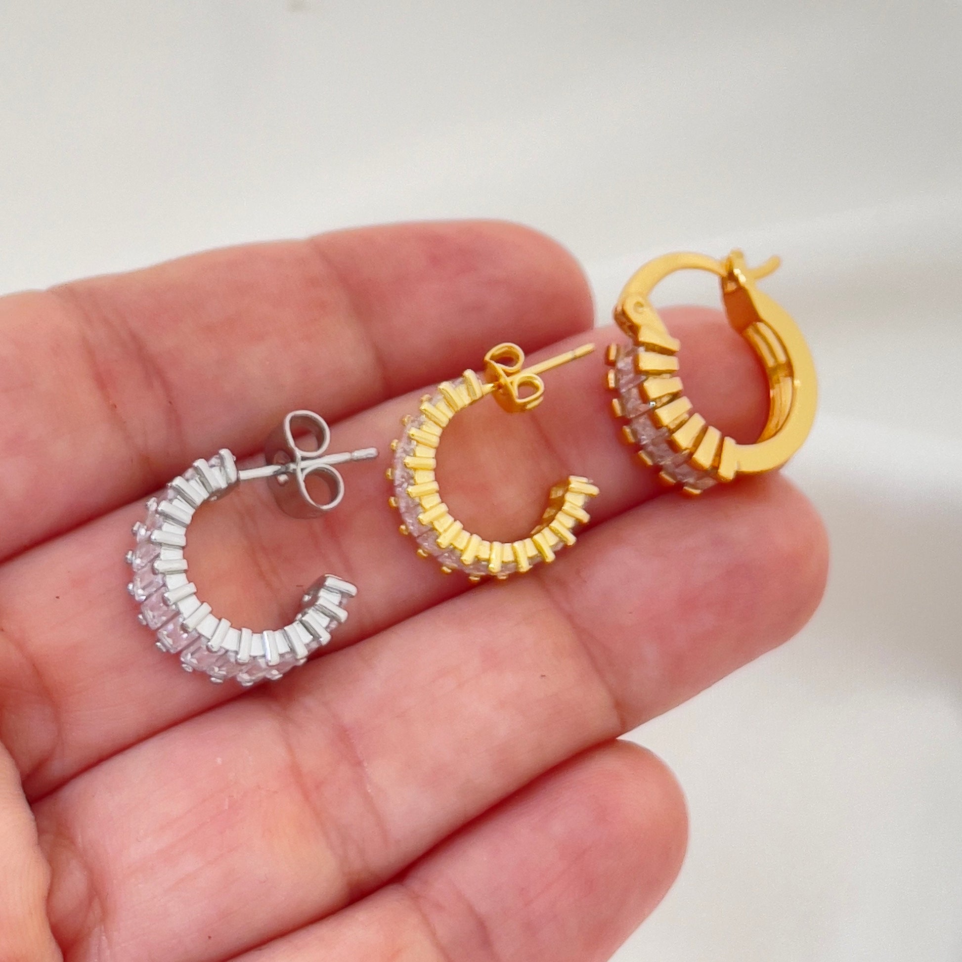 Baguette hoop earrings, material 18k gold filled and rhodium filled (silver)