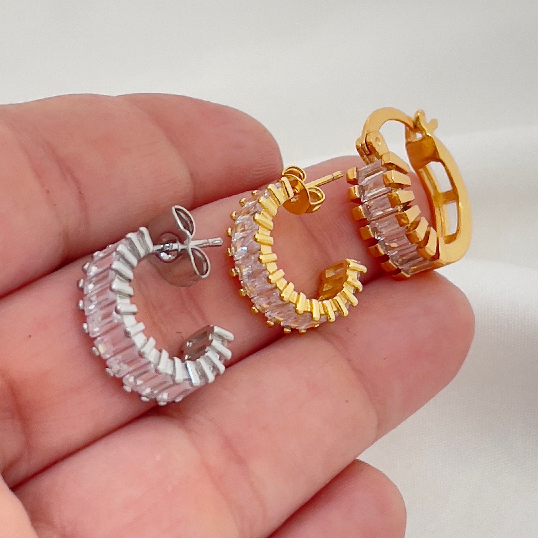 Closer look to 3 styles of Baguette hoop earrings, material 18k gold filled and rhodium filled (silver)