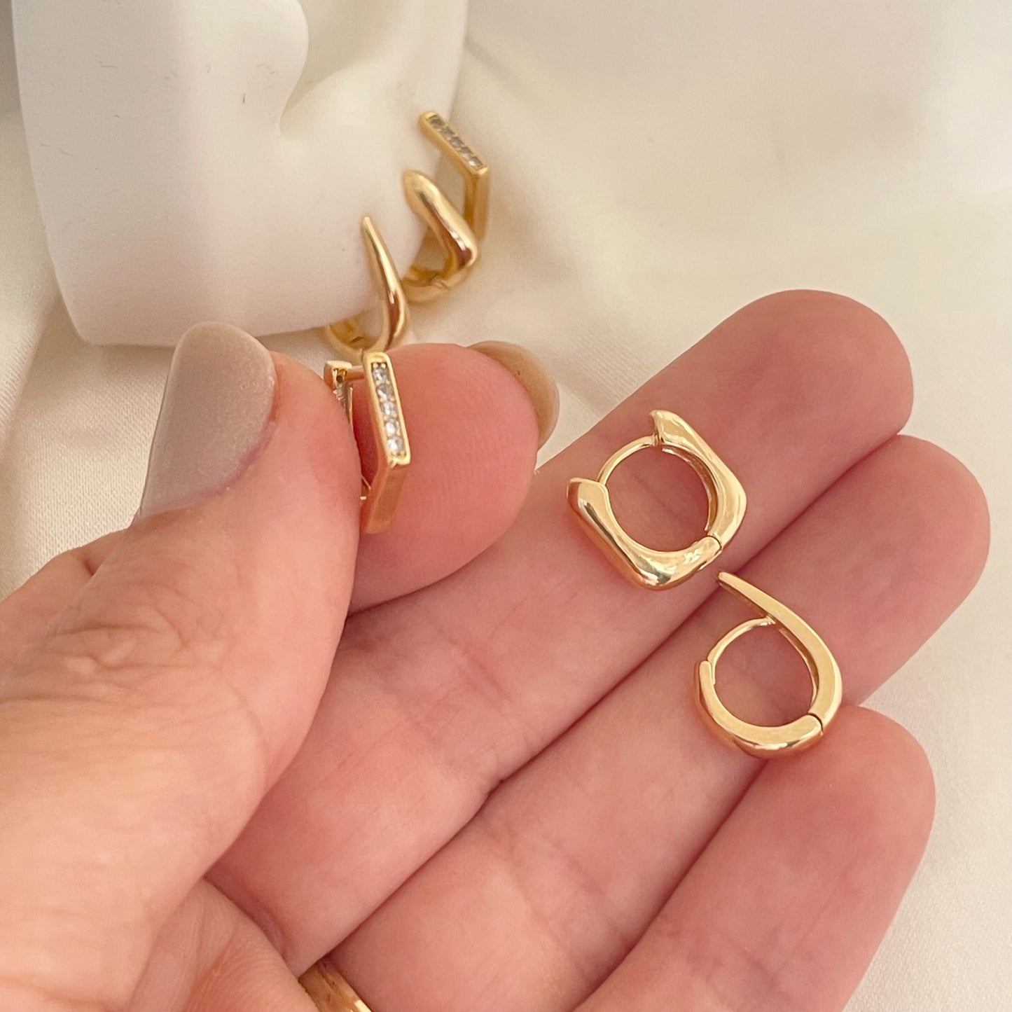 Set of 3 huggie hoops, 6 shaped hoop, mini square hoop, mini hexagone hoop all in 18k gold filled and cubic zirconia