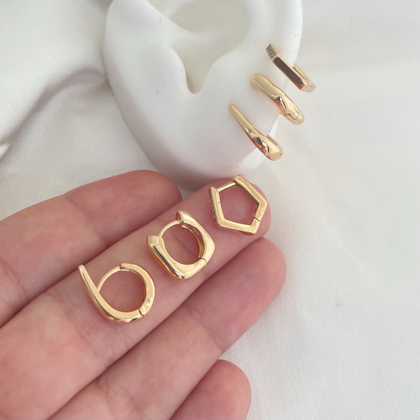 Set of 3 huggie hoops, 6 shaped hoop, mini square hoop, mini hexagone hoop all in 18k gold filled