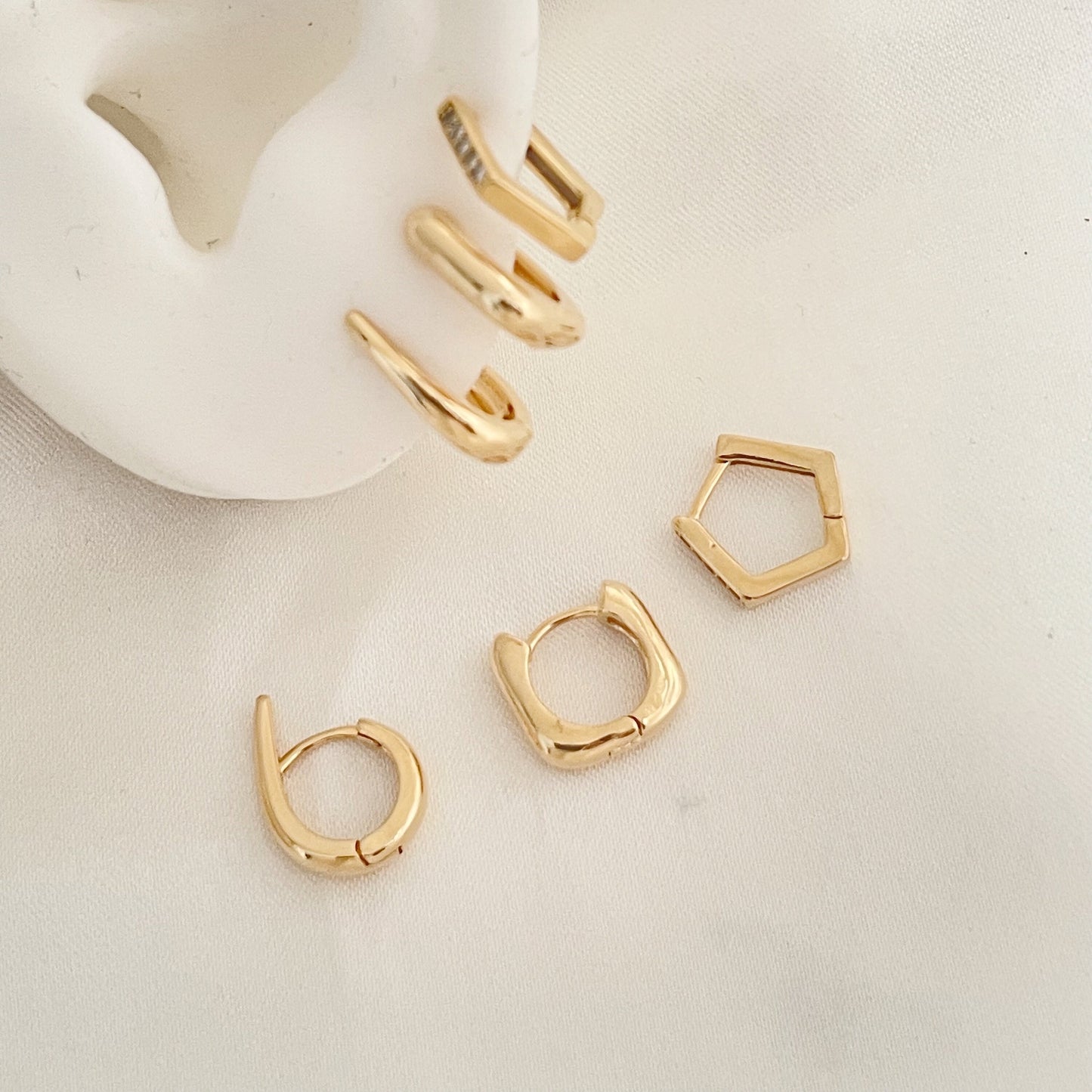 Set of 3 huggie hoops, 6 shaped hoop, mini square hoop, mini hexagone hoop all in 18k gold filled