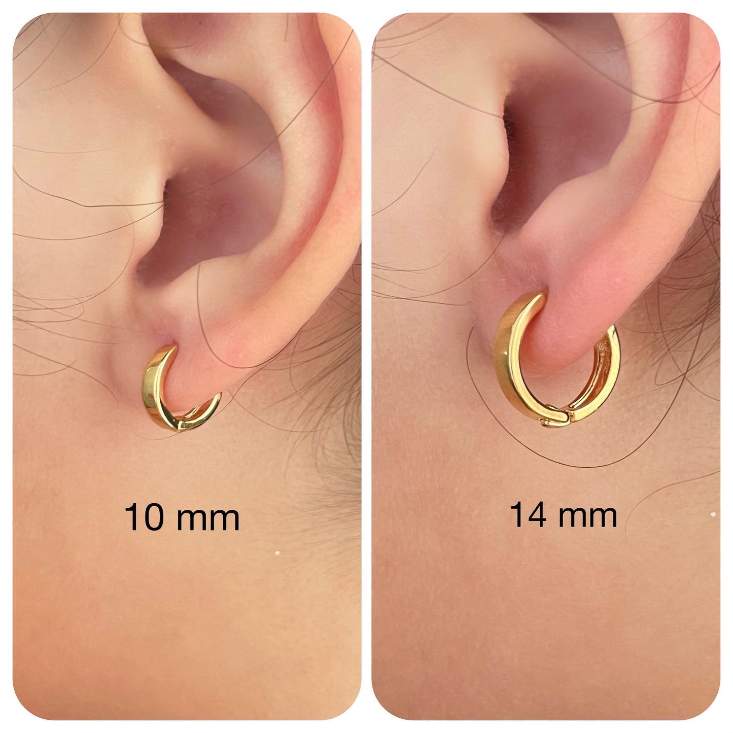 Set of two everyday huggie hoop earrings, sizes 10 mm and 14 mm in 18k gold filled