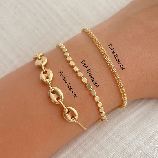 Bracelets on wrist, made of gold filled, 3 styles puffed link adjustable bracelet, dot bracelet, tube bracelet 