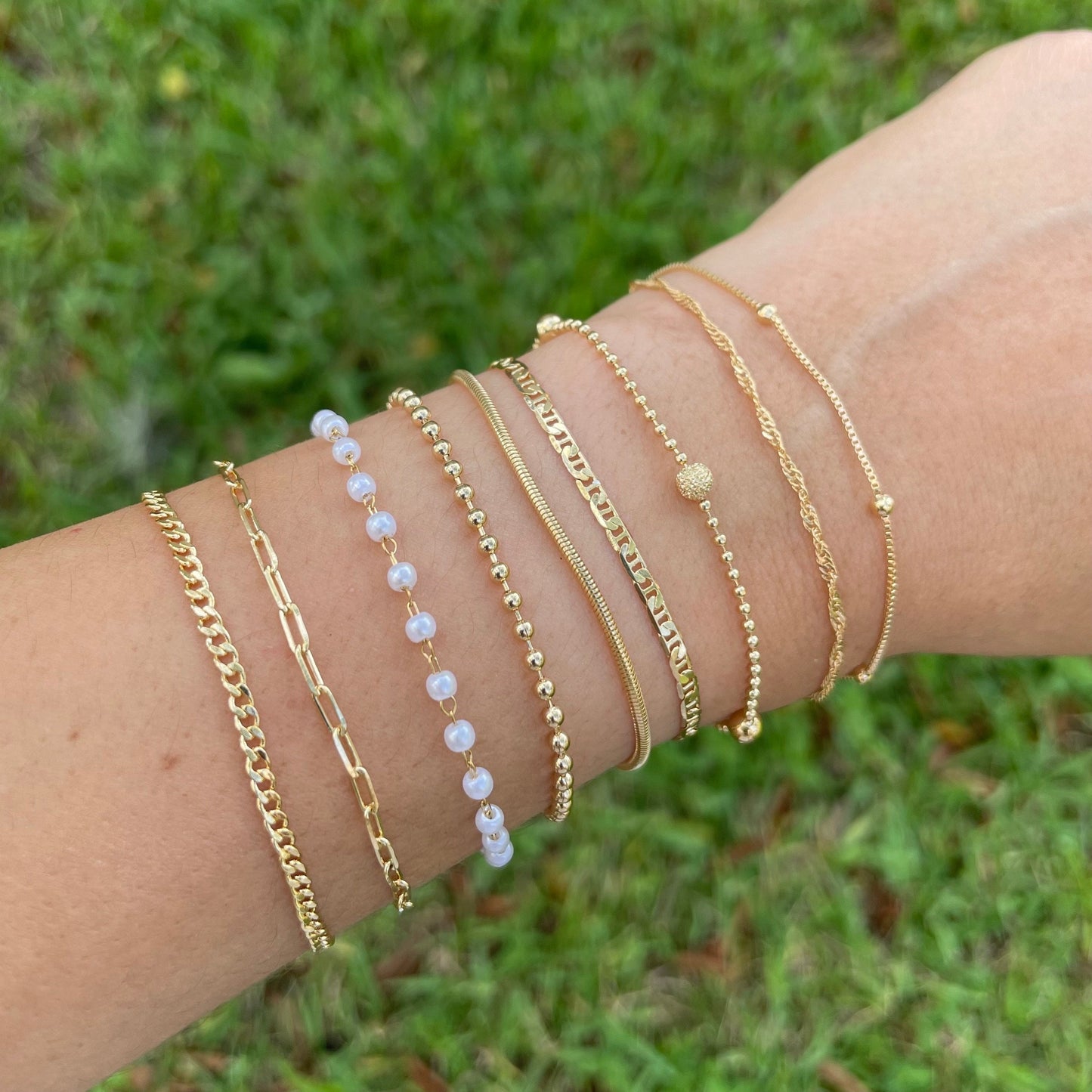 Dainty bracelets, satellite chain, singapur chain, beaded satellite bracelet, mariner bracelet, snake bracelet, beaded bracelet, pearl bracelet, paperclip bracelet, curb chain bracelet all in 18k gold filled