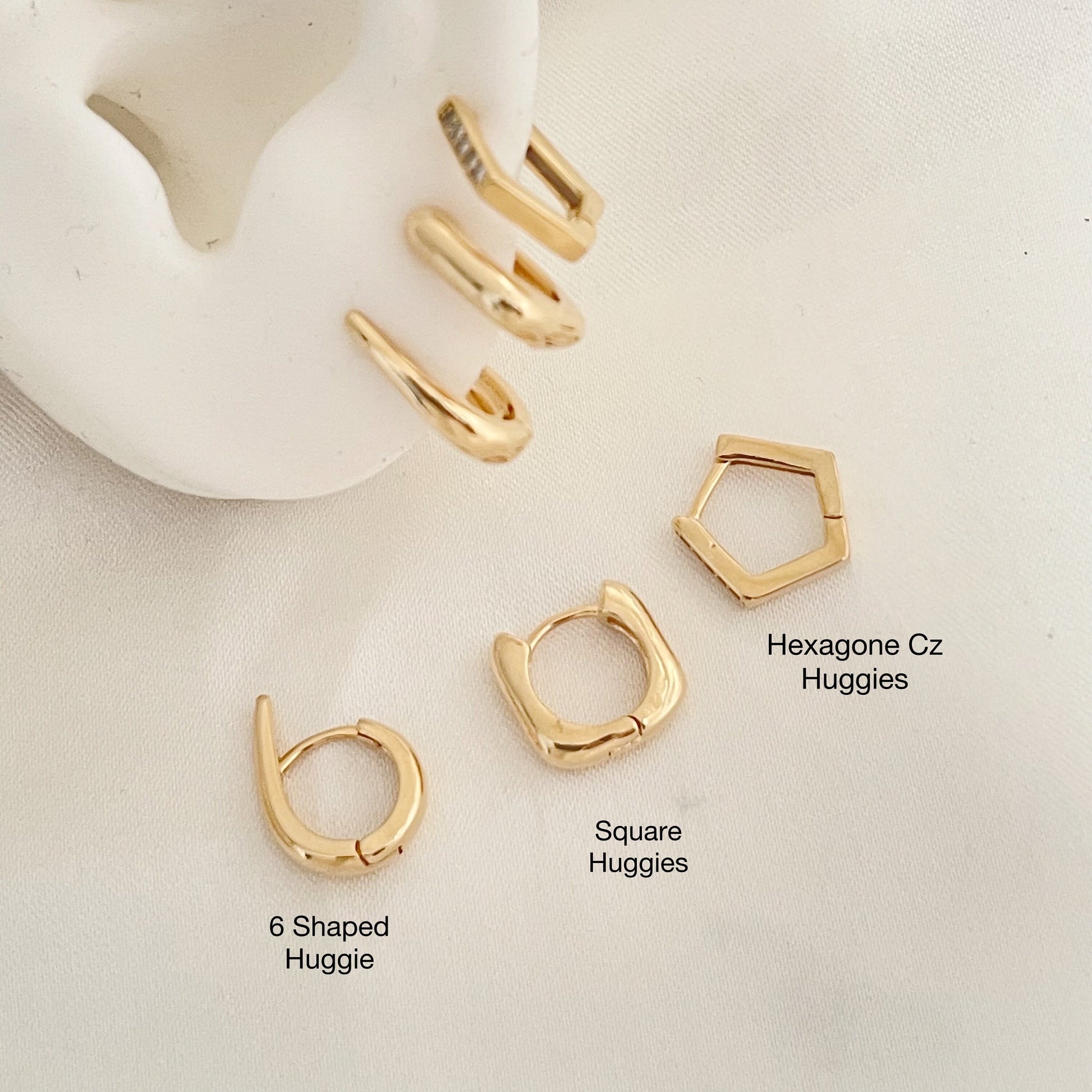 Set of 3 huggie hoops, 6 shaped hoop, mini square hoop, mini hexagone hoop all in 18k gold filled