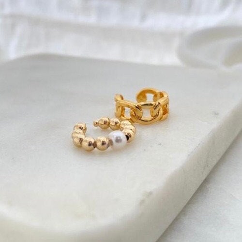 Two style of ear cuffs, one 4mm gold beaded ear cuff with faux pearl in the middle, and other ear cuff 4 mm curb chain style. 