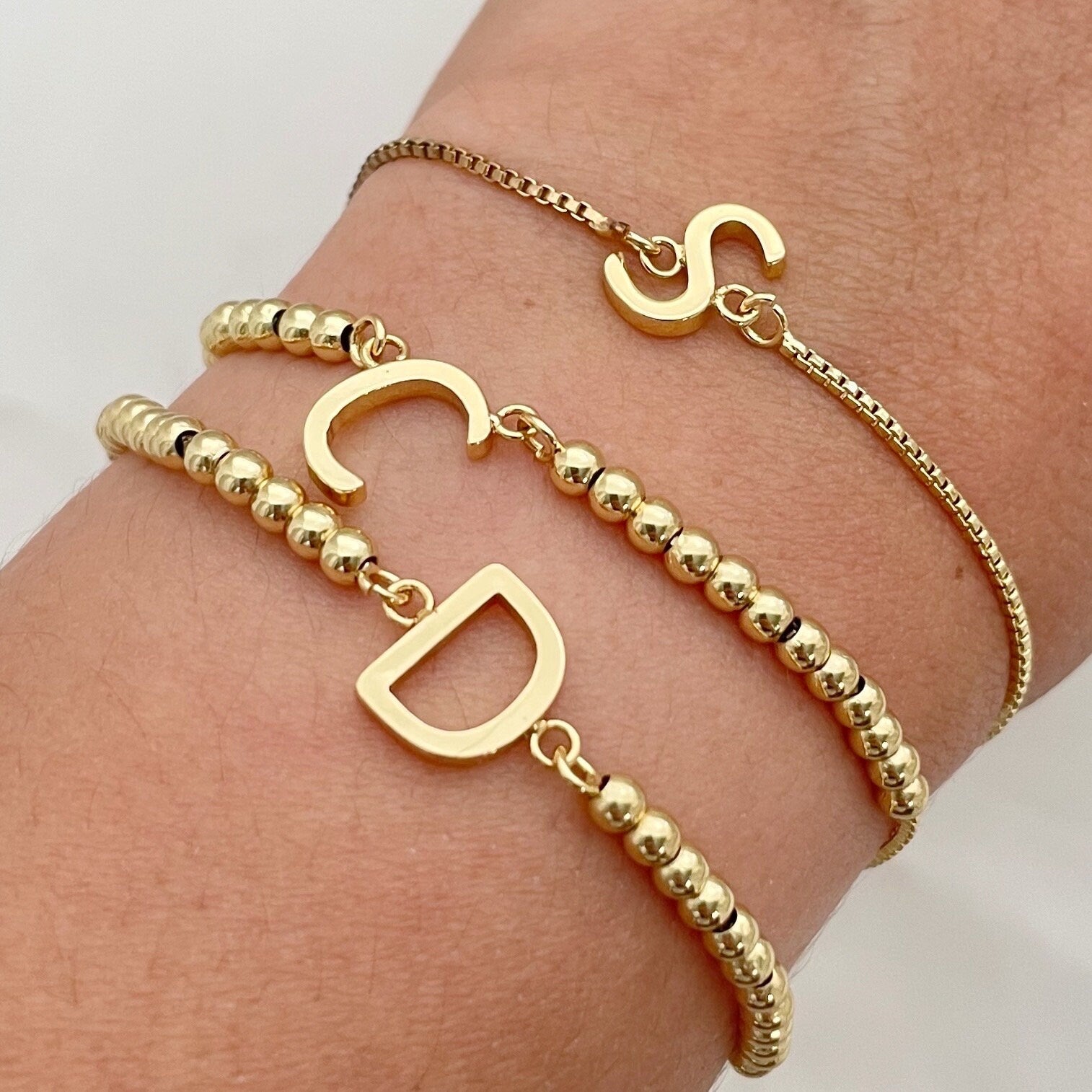 Personalized Gold letter initial bracelet stack in gold plated