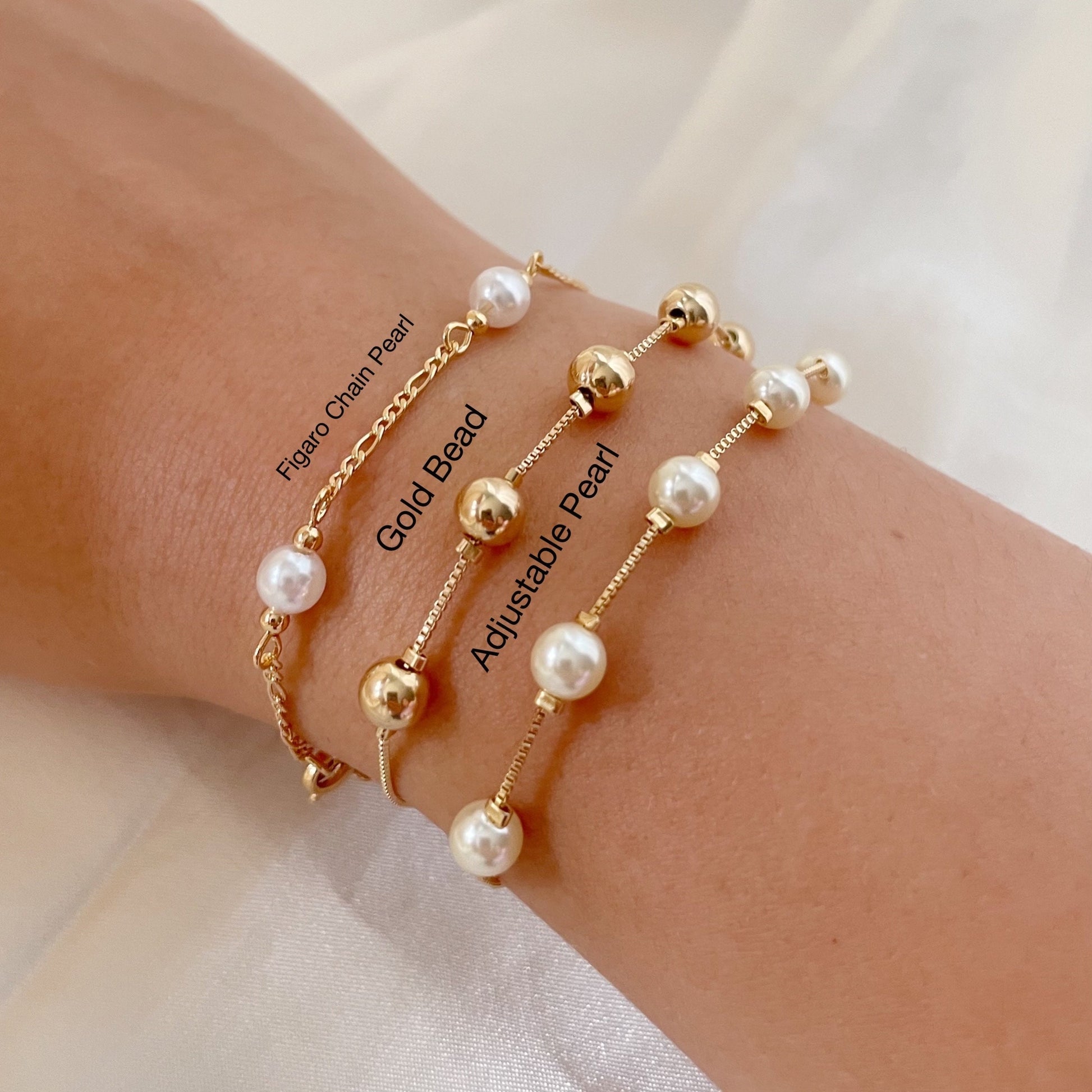 3 styles of bracelets: Adjustable gold bead bracelet, adjustable faux pearl bracelet and figaro chain and faux pearl bracelet