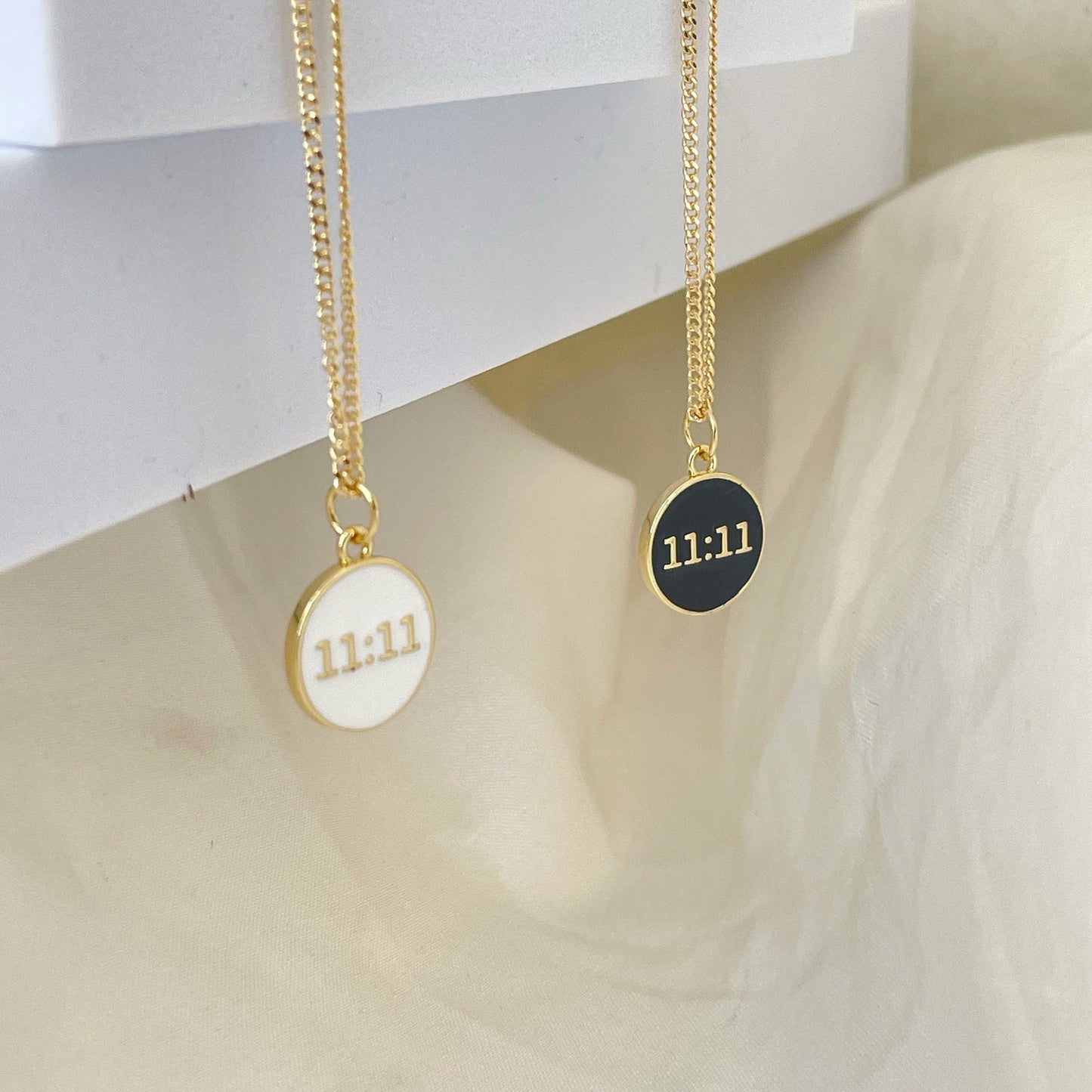 Dainty curb chain necklace with 11:11 pendant, 18k Gold filled chain, pendant comes in black or white enamel gold plated. Necklace length 18 inches