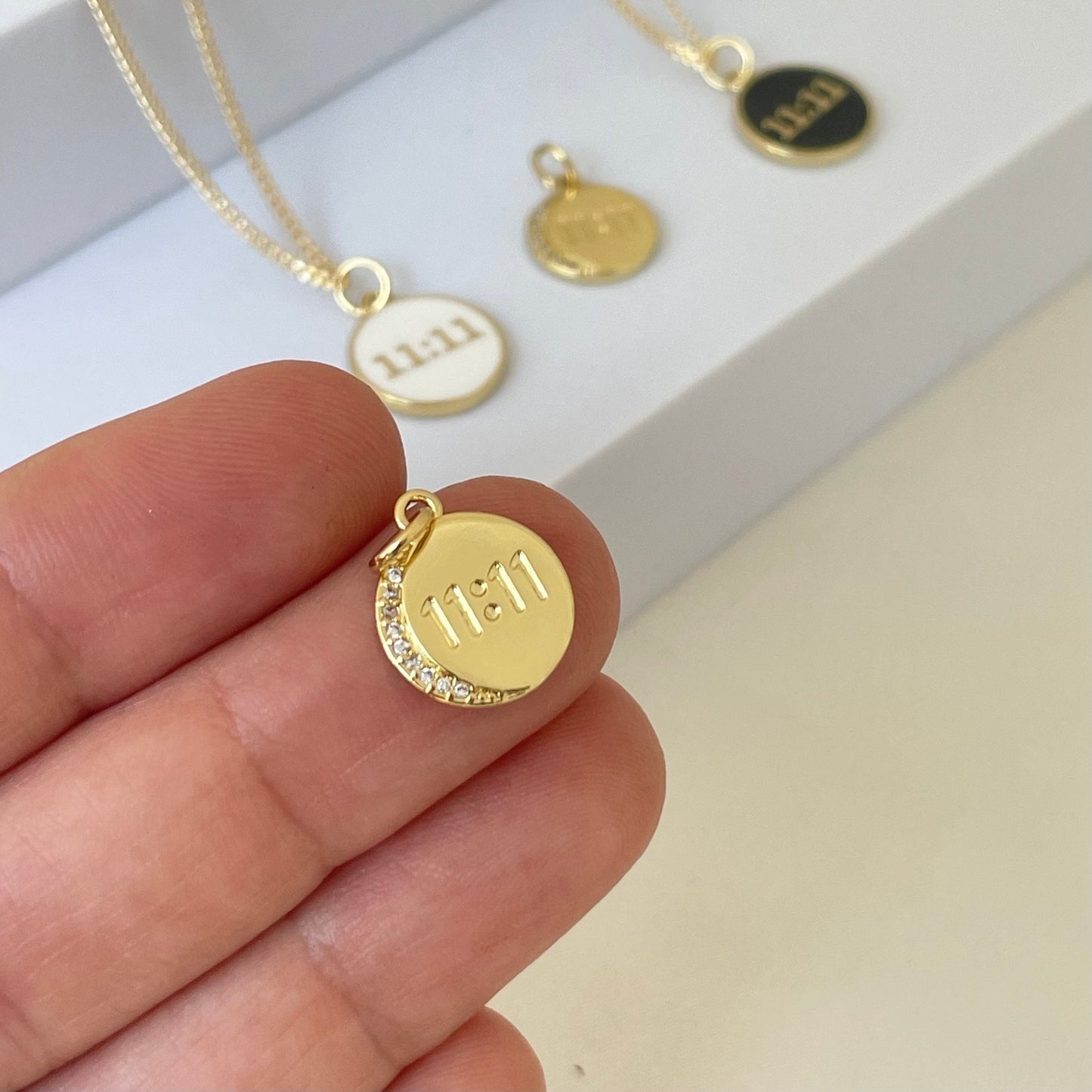 Small gold 11:11 lucky number necklace comes in 16 or 18 inches length, 18k gold filled chain and gold plated pendant