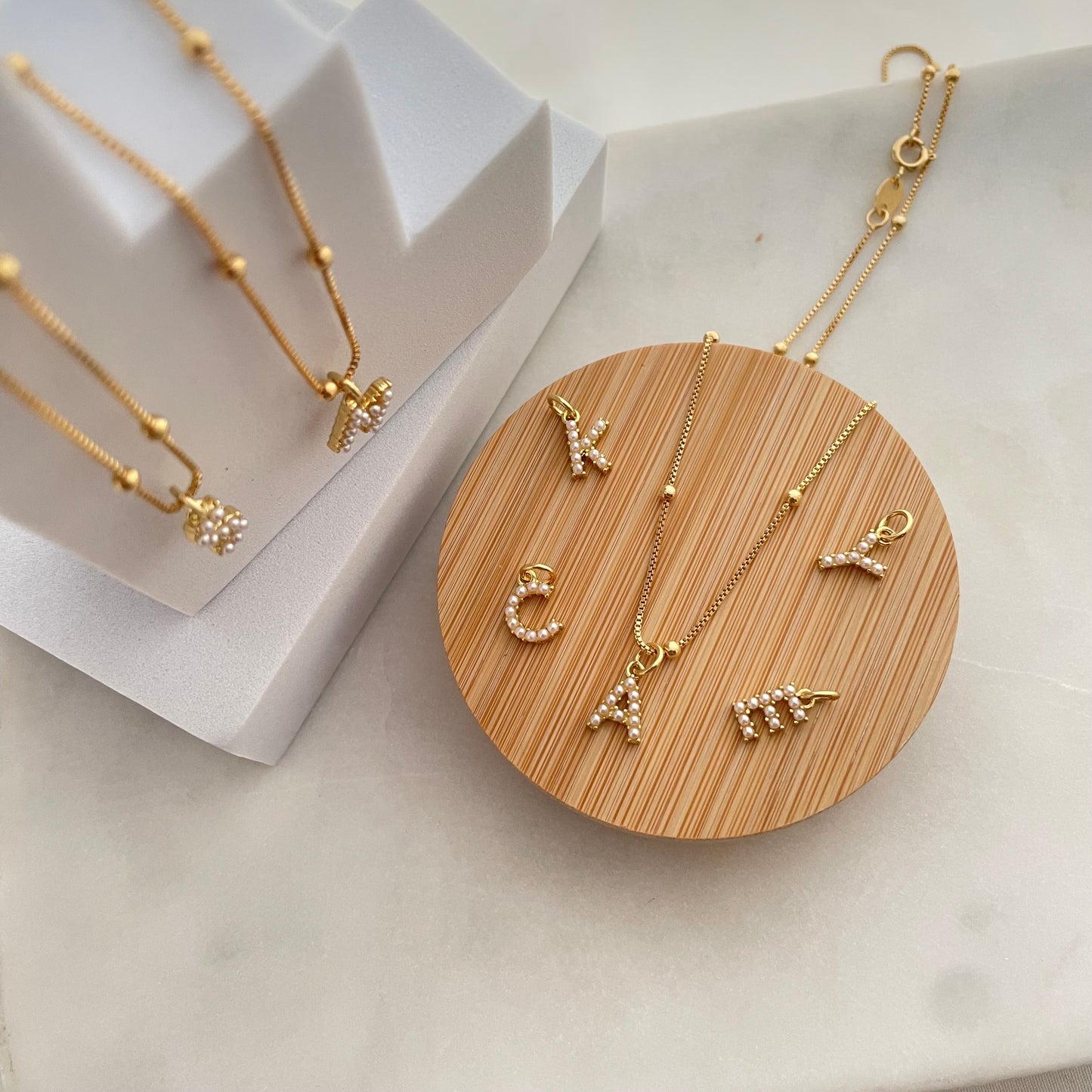 Gold letter necklace with pearls minimal jewelry 
