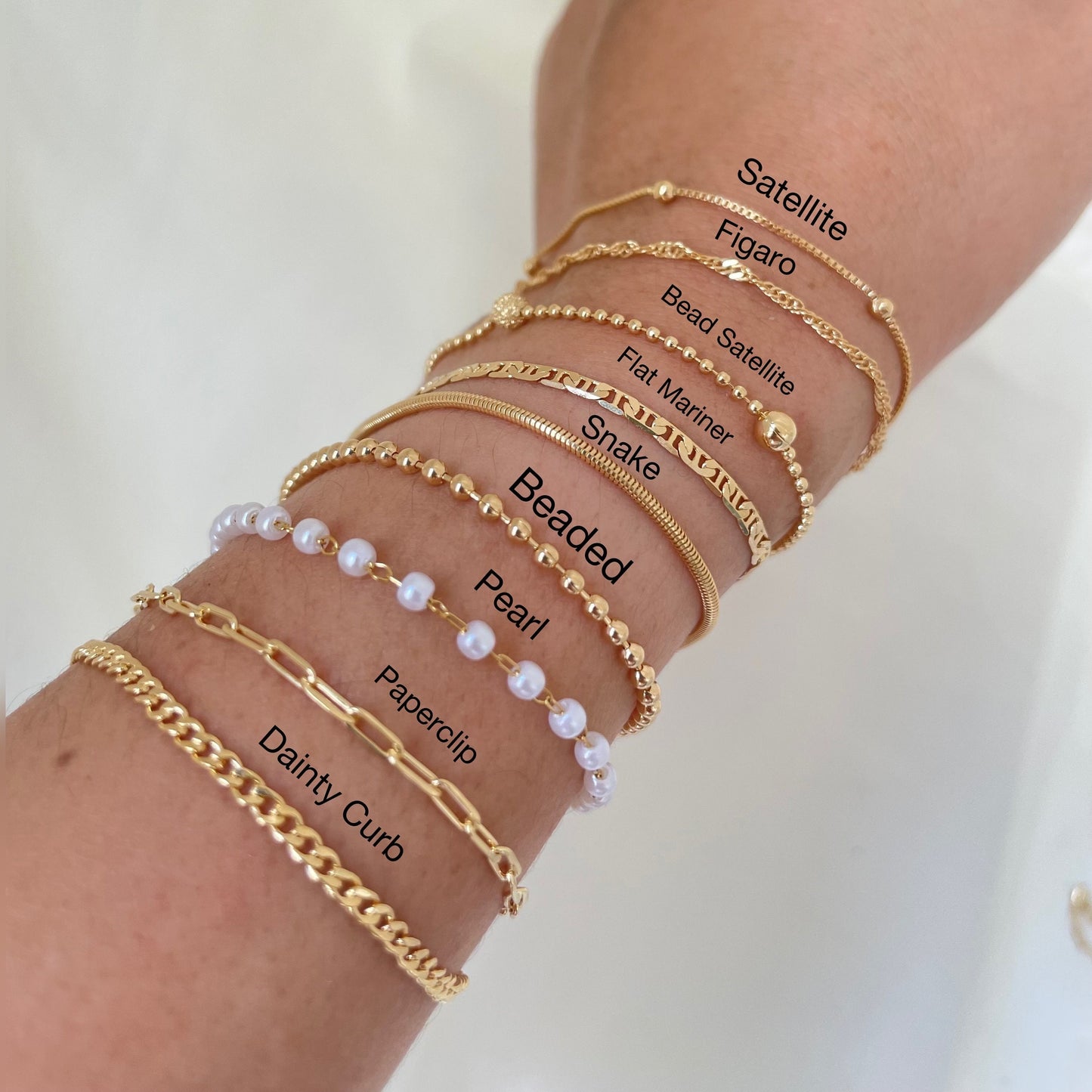 Mix of Dainty bracelets, satellite chain, singapur chain, beaded satellite bracelet, mariner bracelet, snake bracelet, beaded bracelet, pearl bracelet, paperclip bracelet, curb chain bracelet all in 18k gold filled
